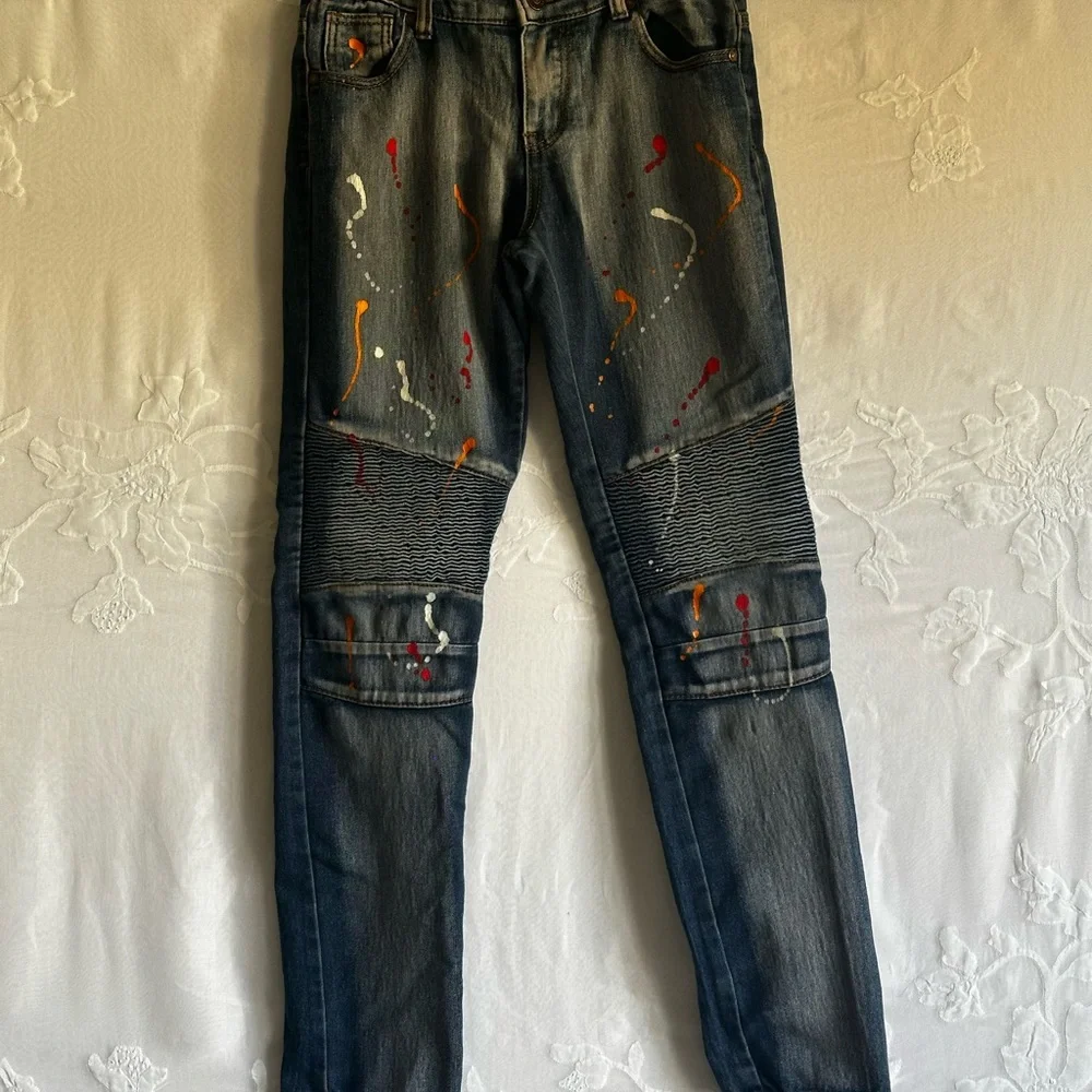 Thrill Blue Denim Skinny Jeans with Artistic Splatter,Streetwear, Biker,Edgy